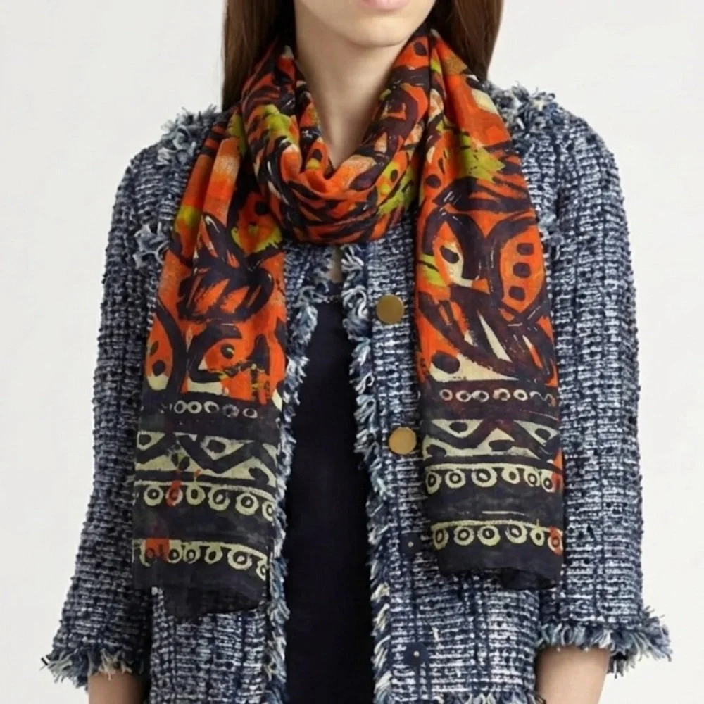 Monarch Butterfly Wing Scarf Wrap Large Orange Black Abstract Sheer Shawl Boho